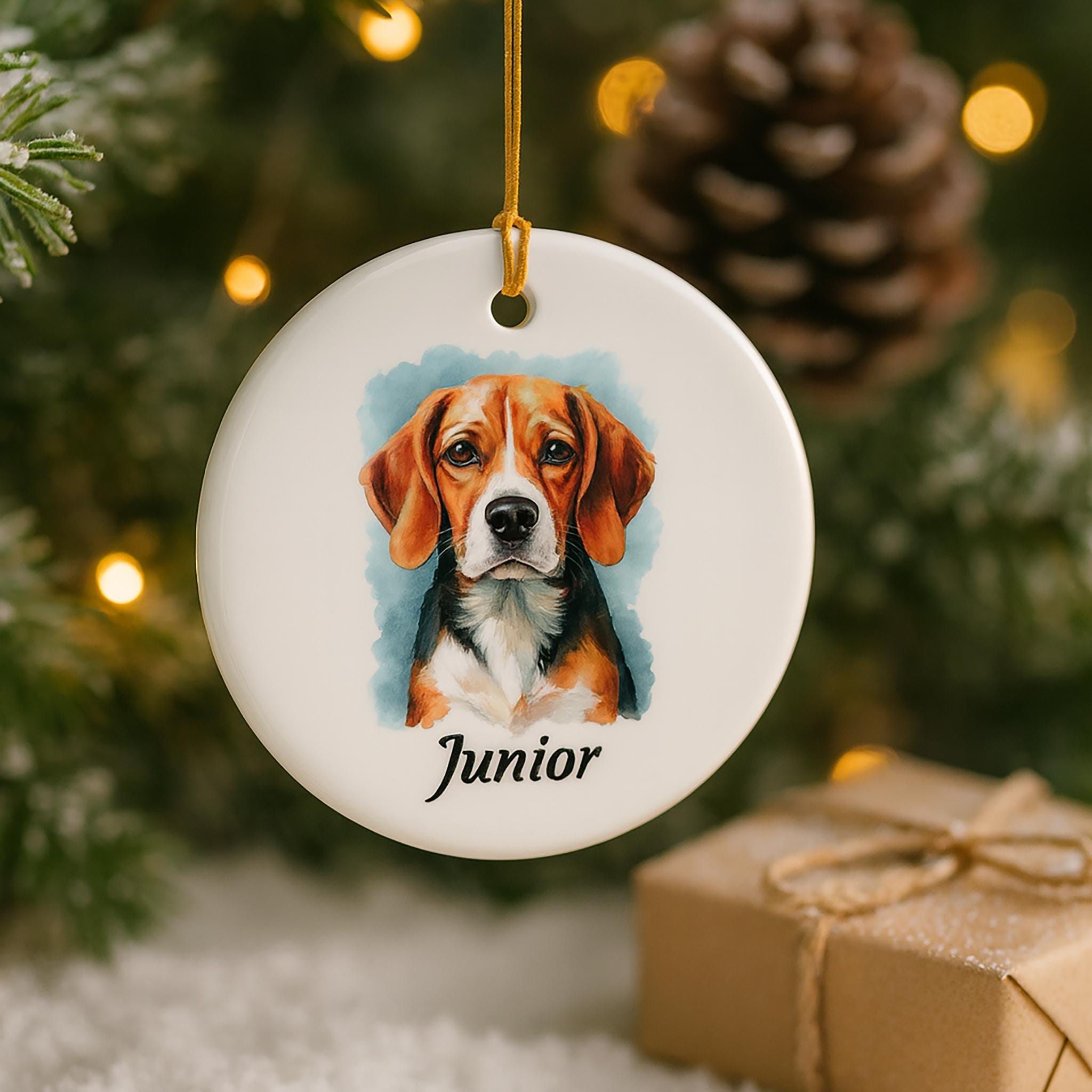 Beagle Watercolor Christmas Ornament: Personalized Ceramic Dog