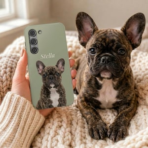 Pode incluir: Uma capa de smartphone verde-sálvia com um retrato personalizado de um bulldog francês tigrado com uma mancha branca no peito e o nome Stella impresso em branco, combinando com o bulldog francês tigrado vivo sentado ao lado.