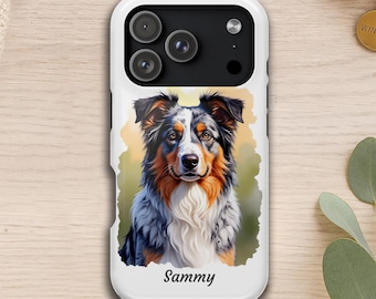Personalized Australian Shepherd MagSafe iPhone Case, Aussie Dog Mom Gift, Custom Pet Memorial Phone Case, Watercolor Portrait Cover