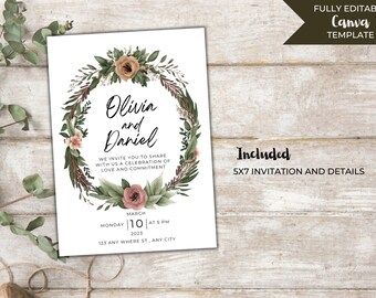 Rustic Editable Wedding Invitation Template | Canva Editable | Instant Download