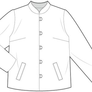 May include: A white button-up jacket with a mandarin collar and four buttons down the front. The jacket has two pockets on the front and long sleeves.
