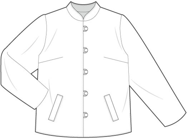 May include: A white button-up jacket with a mandarin collar and four buttons down the front. The jacket has two pockets on the front and long sleeves.