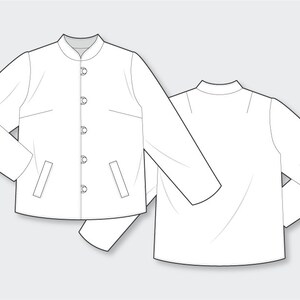 May include: A white long-sleeved button-up jacket with a stand-up collar and two pockets. The jacket is shown from the front and back.