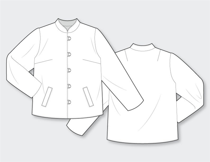 May include: A white long-sleeved button-up jacket with a stand-up collar and two pockets. The jacket is shown from the front and back.