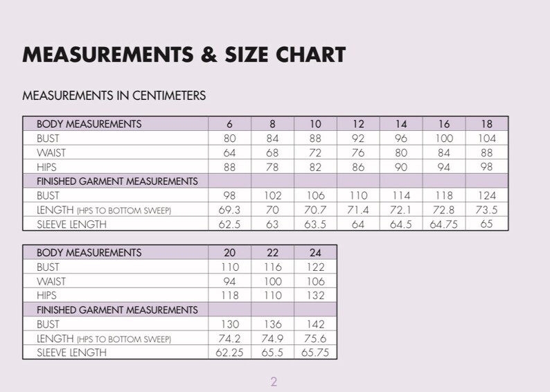 May include: A size chart for clothing in centimeters. The chart shows measurements for bust, waist, hips, length, and sleeve length for sizes 6 through 18 and 20 through 24.