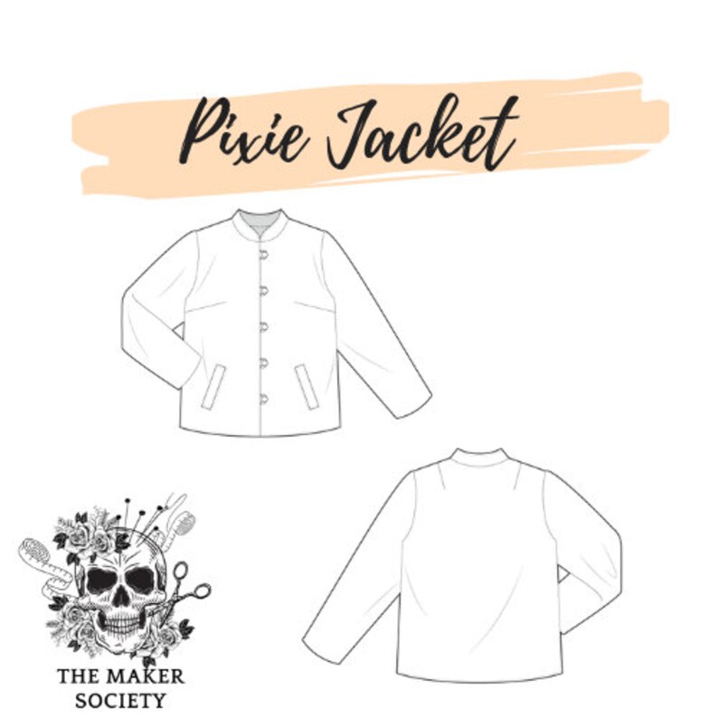 May include: Line drawing of a white Pixie Jacket with a mandarin collar and button closure. The jacket is shown from the front and back.
