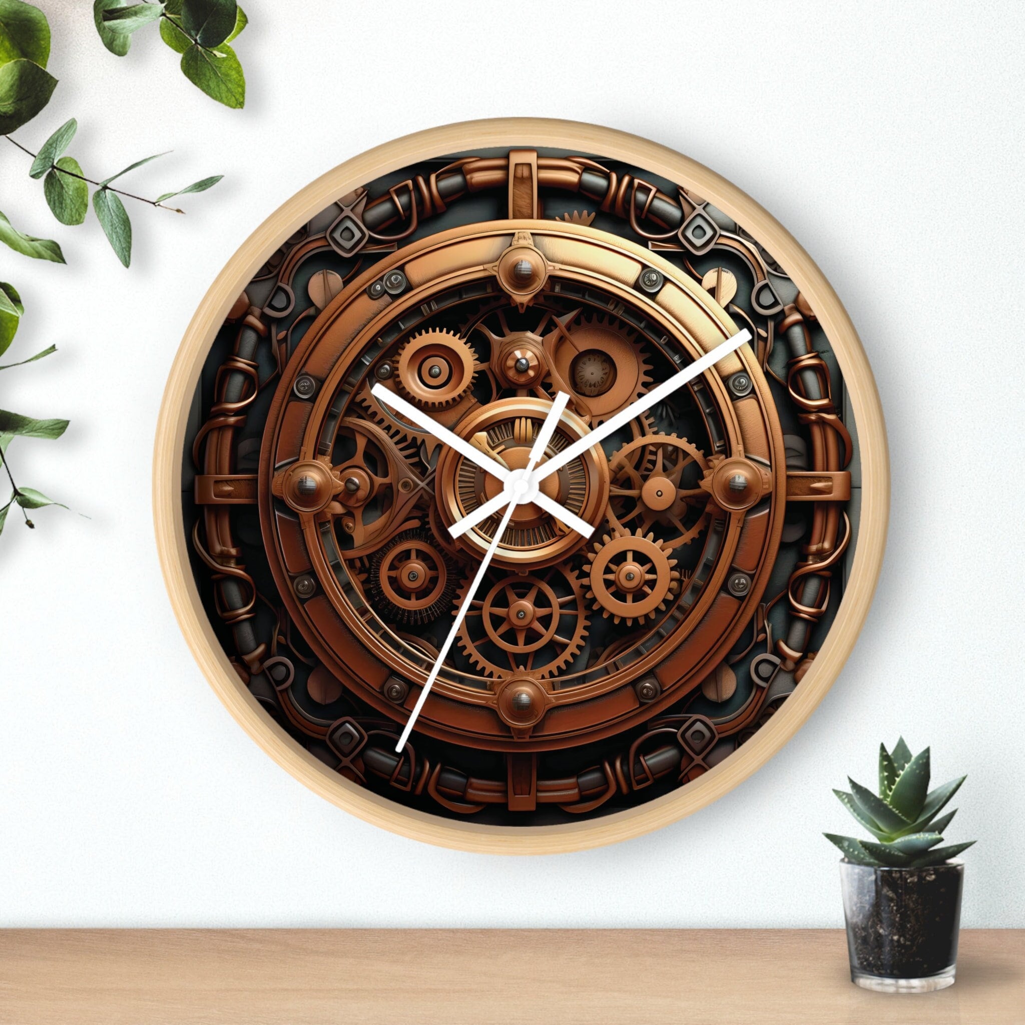 Steampunk Clock Roman Numeral Gold Gear Print Designed Round Wood Wall  Clock Men