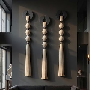 Neutral makraméväggbonad, vävd väggbonad, makramégobeläng, geometrisk fiberkonst