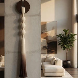 May include: A modern wall hanging featuring a wooden circular top with a carved wooden design. The design has a series of spherical shapes and a long, ombre tassel that transitions from white to brown. The wall hanging is mounted on a neutral-colored wall.