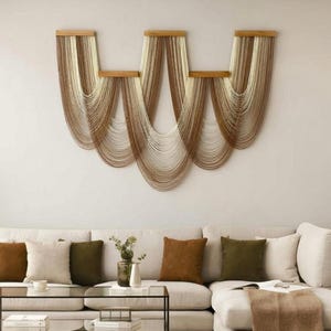 Boho Fiber Wall Hanging – Cascading String Art with Wooden Dowels, Neutral Beige Tones