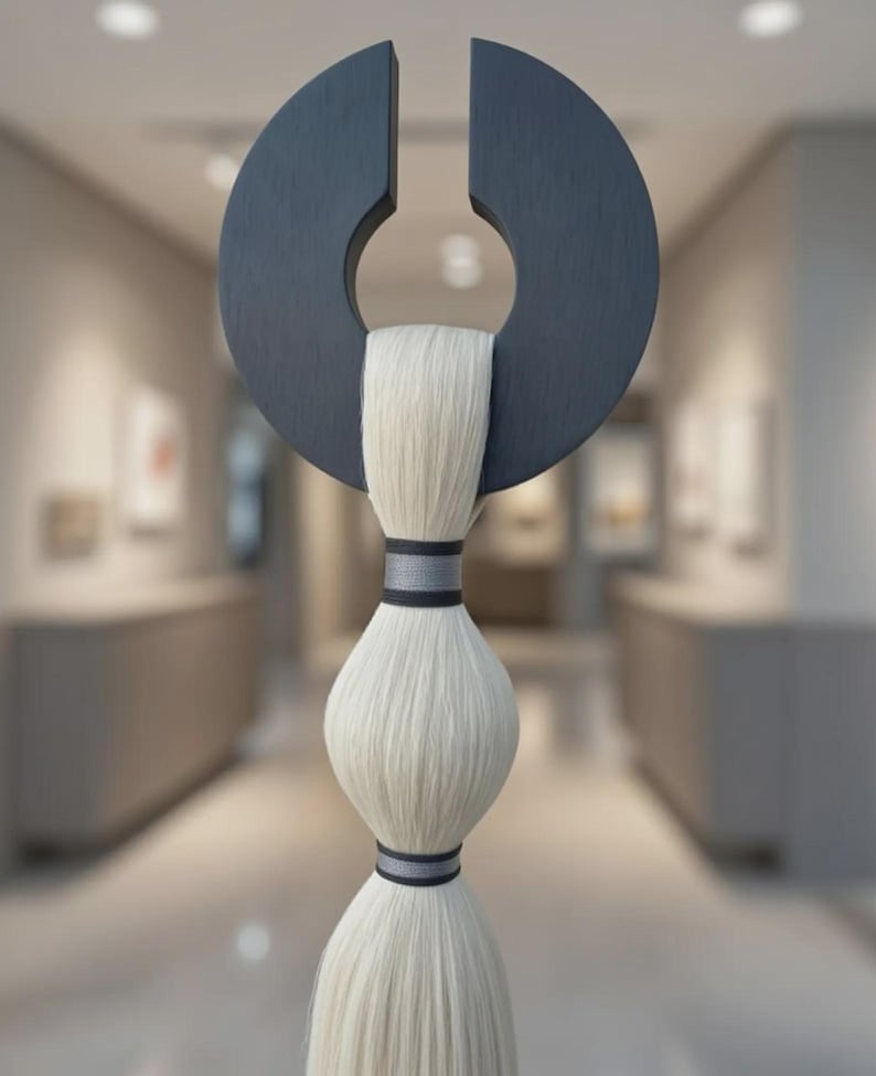 May include: Abstract sculpture featuring a dark gray, semi-circular shape with a central opening, holding a cascade of white fibers. The fibers are bound with gray and black bands, creating a unique, artistic display.