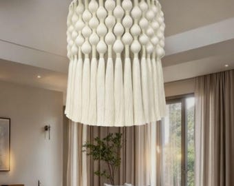 24x26 Inch Macrame Chandelier, Bohemian Beige Modern Home and Hotel Decoration, Hand-Woven Tassel Chandelier
