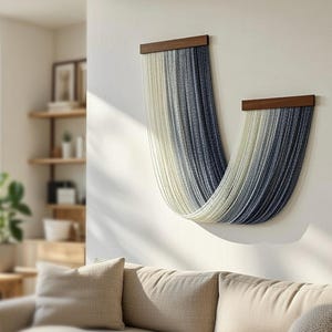 Cascading String Wall Hanging – Handwoven Gradient Yarn Art, Boho Modern Blue-Grey Ombre Decor