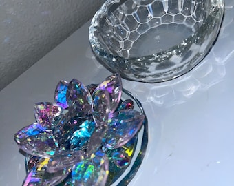 Crystal Glass Flowers w/ diamonds trinket bowl
