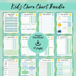 Green Kids Chore Chart, Kids Chore Chart Bundle, Kids Behavior Chart, Allowance Tracker, Daily Checklist, Weekly Chores, Kids Reward Chart