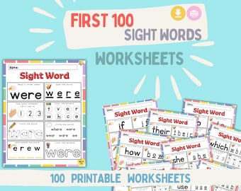 Hojas de trabajo de 100 palabras visuales; Aprendizaje para niños; Hojas de trabajo para jardín de infantes; Páginas de actividades para jardín de infantes; Páginas de actividades para preescolar; Trabajo con palabras visuales