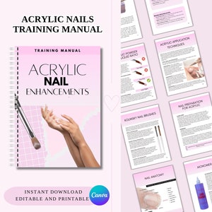 Op de afbeelding: Een roze en witte trainingshandleiding met de titel "Acrylic Nail Enhancements" met een foto van handen die een nagelborstel vasthouden. De handleiding bevat informatie over technieken voor het aanbrengen van acryl, nagelvoorbereiding, nagelanatomie en monomeer.