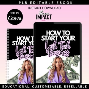 Peut inclure: Une couverture d'ebook numérique en noir et blanc avec le titre "Comment démarrer votre entreprise de technicien en cils". La couverture présente une femme aux longs cheveux blonds portant un blazer violet et un fond d'argent qui tombe.