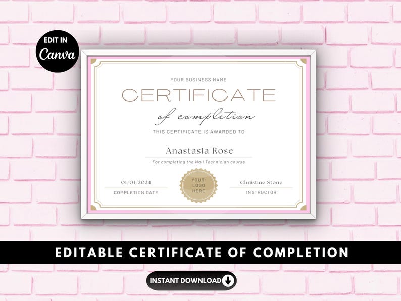 Editable Certificate of Completion Template: Nail, Lash, Makeup Class (Canva Printable PDF) image 2
