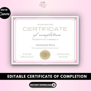Edytowalny szablon certyfikatu ukończenia kursu: Paznokcie, rzęsy, makijaż (Canva PDF do druku)