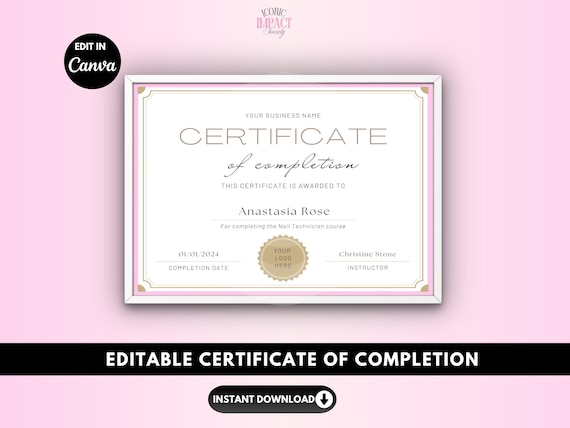 Editable Certificate of Completion Template: Nail, Lash, Makeup Class (Canva Printable PDF)
