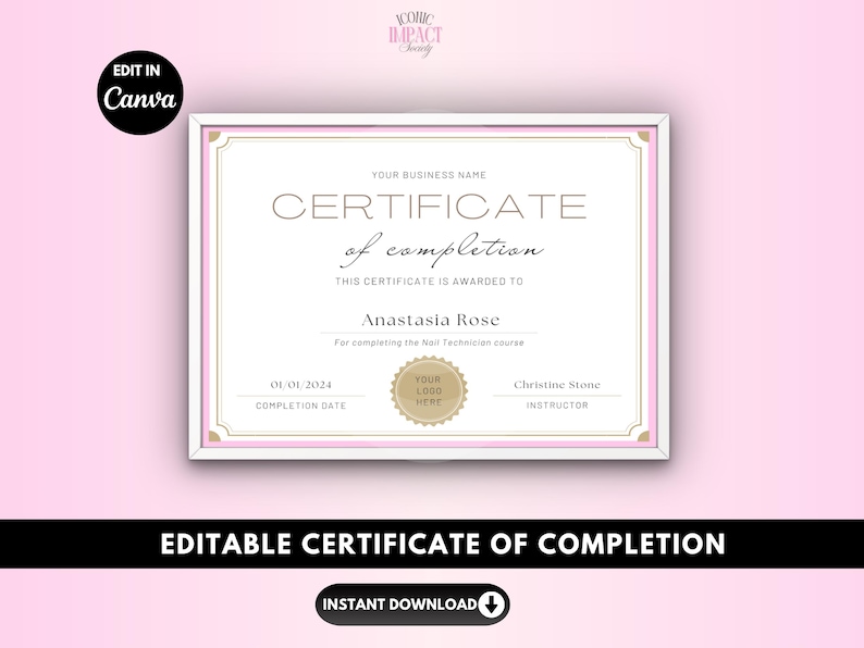 Editable Certificate of Completion Template: Nail, Lash, Makeup Class (Canva Printable PDF) image 1