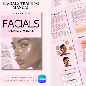 Facials Training Manual, Step by Step Editable Guide, Skin Care, Esthetician course, Massage treatments, Students, Tutors, Editable in Canva