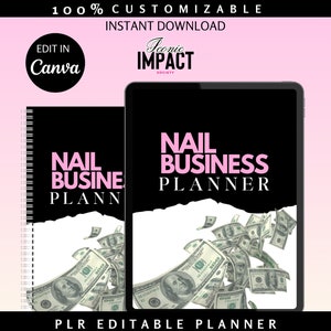 May include: A black and white planner cover with the text "NAIL BUSINESS PLANNER" in pink. The background is a white torn paper with a pile of dollar bills falling from the top.