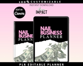 May include: A black and white planner cover with the text "NAIL BUSINESS PLANNER" in pink. The background is a white torn paper with a pile of dollar bills falling from the top.