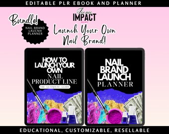 Puede incluir: Paquete de productos digitales para emprendedores de marcas de uñas. Incluye un libro electrónico "How to Launch Your Own Nail Product Line" y un "Nail Brand Launch Planner". La imagen presenta polvos coloridos, pinceles y dinero.