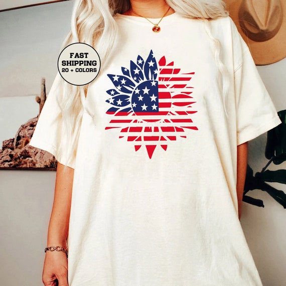 America Patriotic Sunflower Shirt, America Womens Shirt, 4th of July Shirt, Independence Day tshirt, Independence Day Girl, America Girl Tee