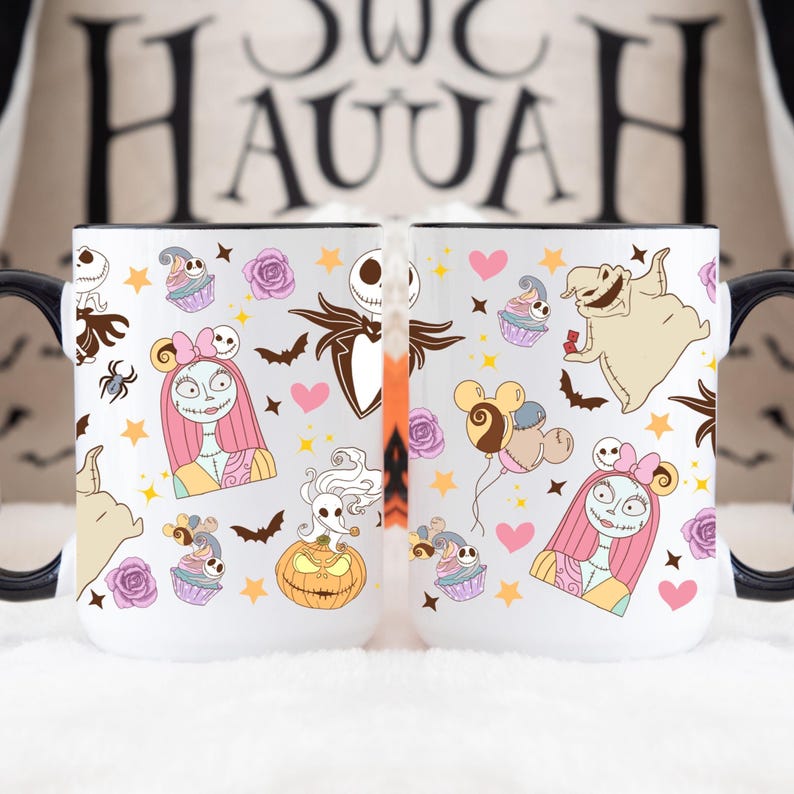 May include: White ceramic mug with black handle and rim, featuring a colorful pattern of characters and icons from The Nightmare Before Christmas. Includes Sally, Jack Skellington, and Oogie Boogie, along with cupcakes, bats, and stars.