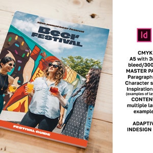 Puede incluir: Folleto del festival de la cerveza con una foto de personas disfrutando de la cerveza. El folleto tiene un borde naranja y las palabras "FESTIVAL GUIDE". El texto incluye "CMYK A5 con 3mm de sangrado/300DPI MASTER PAGES".