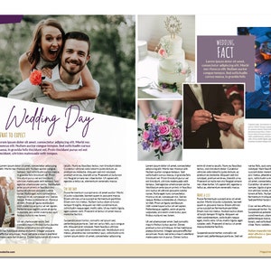 May include: A wedding magazine spread with a couple in a playful pose on the cover. The inside pages feature wedding photography, a wedding cake, and text about wedding planning and what to expect on the big day.