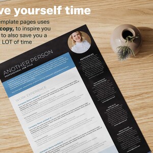May include: A resume template with the text "ANOTHER PERSON PROFESSIONAL JOB TITLE" and "WORK EXPERIENCE" on a wooden surface. The template has a blue and black design with a photo of a person in the upper right corner. The text "Save yourself time" is at the top.