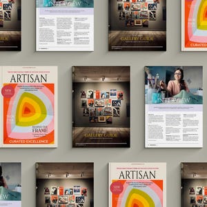 May include: A grid of magazine pages titled Artisan, featuring a colorful abstract graphic of concentric shapes, gallery guide covers with wall-mounted artwork, and interview pages with text and a photograph of a person painting at a desk.