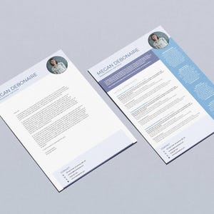 May include: Two-page resume template with a professional design. The resume features a headshot, contact information, and sections for work experience and skills. The design incorporates light blue and gray accents on a white background.