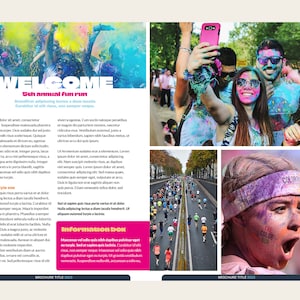 Puede incluir: Una revista con imágenes de un evento de carrera divertida y colorida. La página izquierda tiene las palabras "WELCOME" y "5th Annual Fun Run". La página derecha muestra a personas cubiertas de polvo de colores, corriendo y tomando selfies.