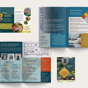 May include: A brochure set with a teal, gold, and white color scheme. The brochure includes the text "Welcome" and "What Services We Offer." Images of people and flowers are also included.
