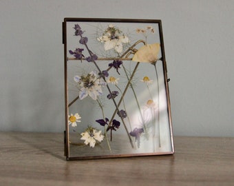 Pressed Flower Frame with Woolly Blue Curls in Vintage Gold Frame, 5"x7"