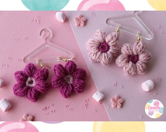 Flower crochet earrings daisy, outfit accessories, gift for her, colorful, Handmade, Pink berry gold plated hook, cozy cute