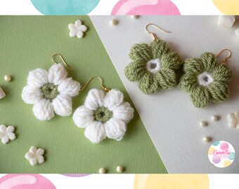 Flower Earrings Crochet, Floral dangles, cozy accessories, Green and White, Big chunky, Gold Plated hooks