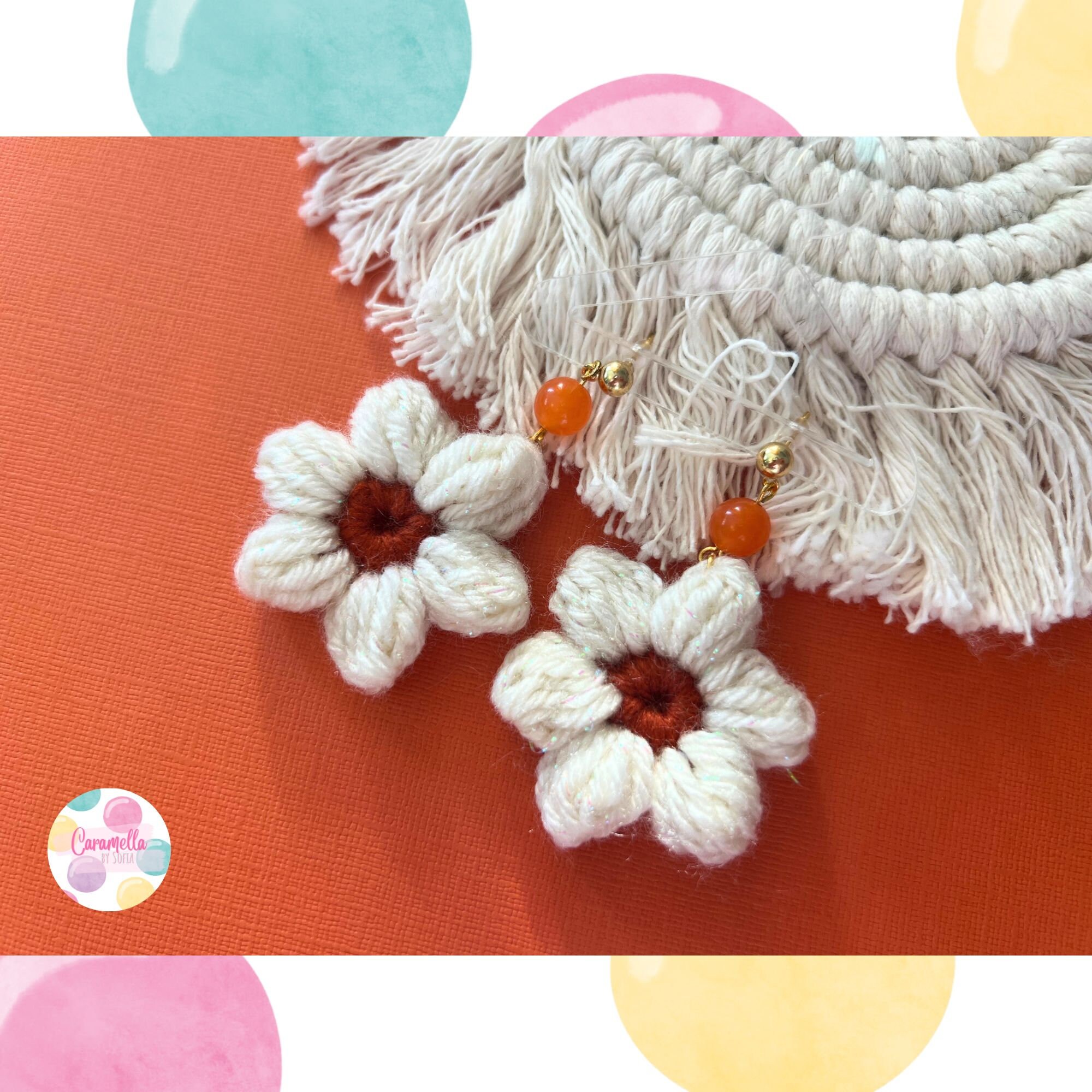 Crochet Flower Earrings, Handmade, Orange and Cream, Daisy, cosy, cute
