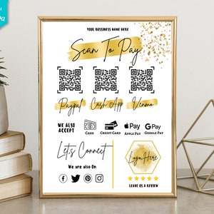 Customizable QR Code Sign Templates for Small Businesses - Editable Scan to Pay Cards - PayPal/Venmo Payment Printable
