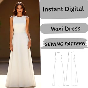 Peut inclure: Une femme porte une robe longue blanche. La robe a un design simple et élégant avec un corsage ajusté et une jupe fluide. Le texte "Instant Digital Maxi Dress Sewing Pattern" est également présent.