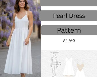May include: A woman wearing a white midi dress with spaghetti straps. The dress is paired with sandals and a woven bag. The image also includes the text "INSTANT DOWNLOAD", "Pearl Dress", "Pattern", and "A4 / A0".