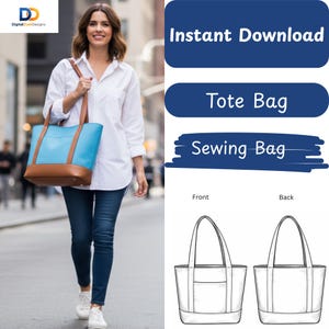 Peut inclure: Une femme porte un sac fourre-tout bleu et marron. Le sac a une forme rectangulaire avec une base marron et un corps bleu. L'image comprend également un dessin au trait du sac fourre-tout et le texte "Téléchargement instantané", "Sac fourre-tout" et "Sac de couture".
