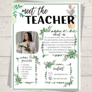 Peut inclure: Une affiche de rencontre avec l'enseignant avec un motif de feuilles vertes. L'affiche présente une photo de l'enseignant, une liste de ses choses préférées et ses coordonnées. Le texte sur l'affiche indique "Rencontrez l'enseignant", "À propos de moi", "Favoris" et "Contact".