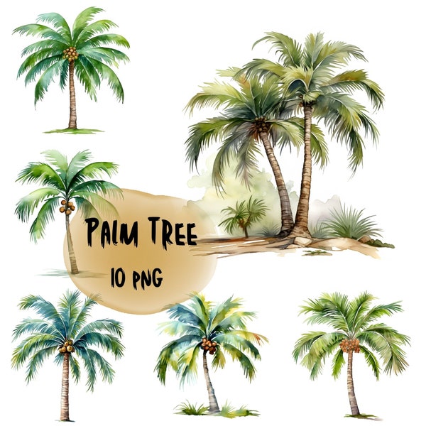 Watercolor Palm Trees Clipart, Tropical Palms, 10 High Quality PNG Files, Instant Download, Palm Tree Graphics, Sublimation