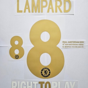 May include: Gold-colored Lampard name and number 8 football jersey decals, along with the Chelsea Football Club logo. Text includes "FINAL AMSTERDAM 2013" and "RIGHT TO PLAY". Decals are on a white background.